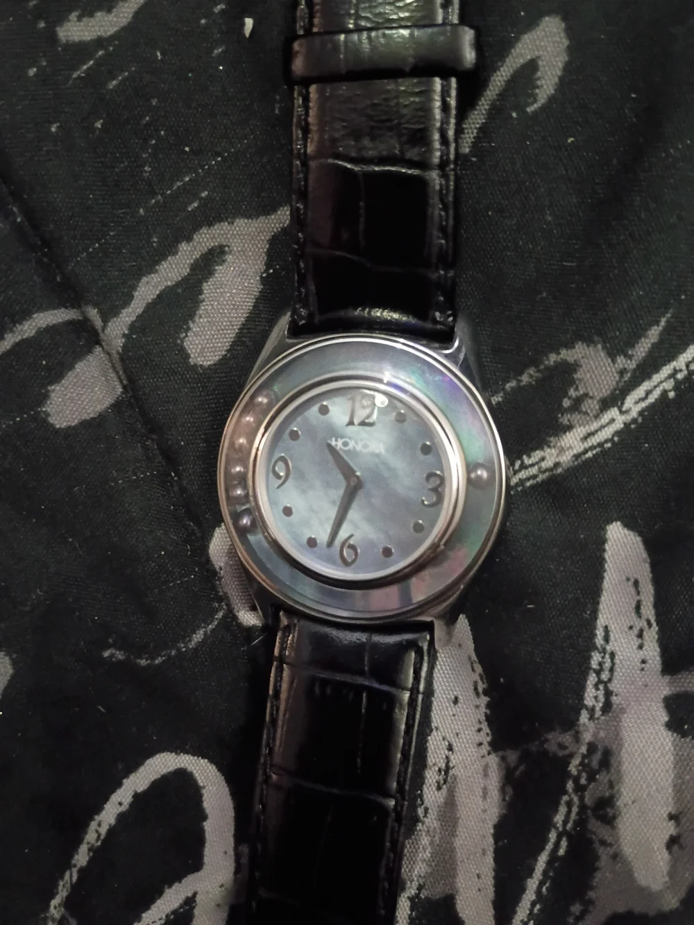 Honora Black Leather Strap Watch with Silver Case and Light Dial